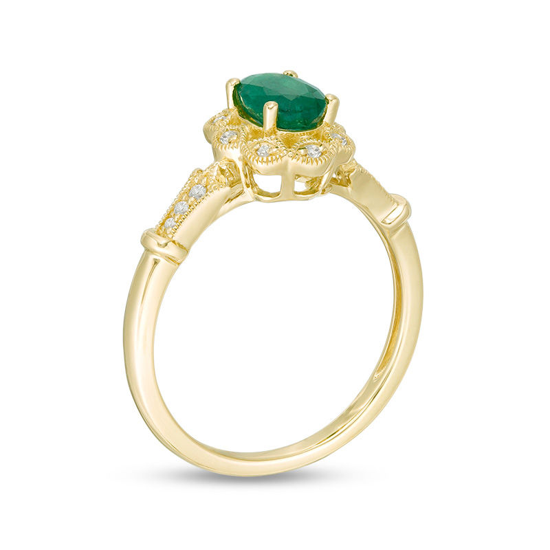 Main Image 3 of Oval Emerald and 1/15 CT. T.W. Diamond Vintage-Style Ring in 10K Gold