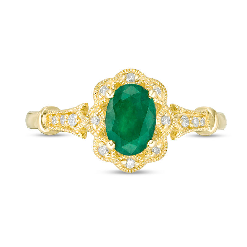 Main Image 4 of Oval Emerald and 1/15 CT. T.W. Diamond Vintage-Style Ring in 10K Gold