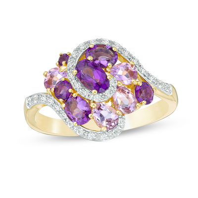 October and February birthstones 9ct White Gold Opal and Amethyst Cluster Ring Rhodium plated Large range of sizes available
