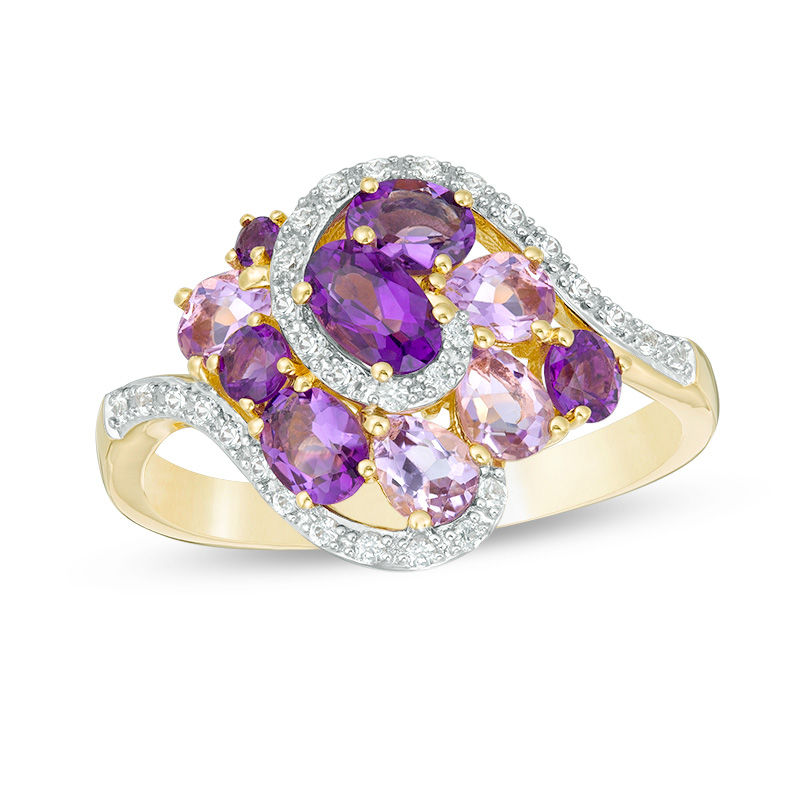 Multi-Shaped Amethyst and Lab-Created White Sapphire Swirl Cluster Ring in Sterling Silver with 14K Gold Plate - Size 7