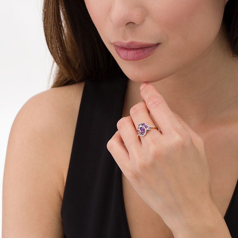 Multi-Shaped Amethyst and Lab-Created White Sapphire Swirl Cluster Ring in Sterling Silver with 14K Gold Plate - Size 7
