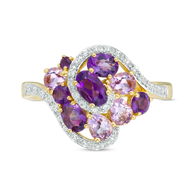 Multi-Shaped Amethyst and Lab-Created White Sapphire Swirl Cluster Ring in Sterling Silver with 14K Gold Plate - Size 7