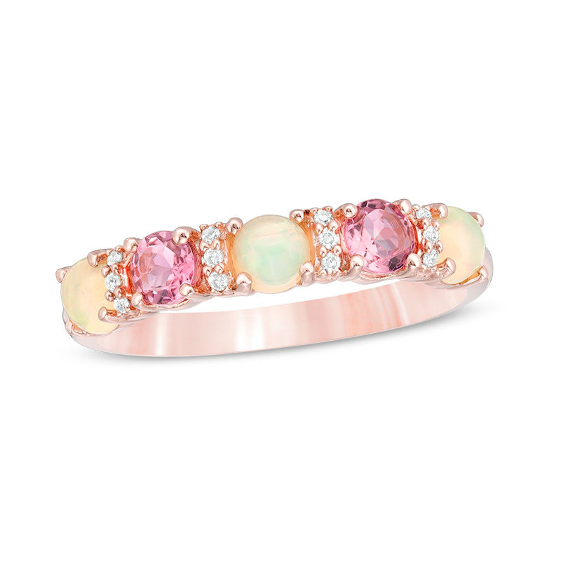 Main Image 1 of 3.5mm Opal, Pink Tourmaline and Diamond Accent Alternating Five Stone Ring in 10K Rose Gold