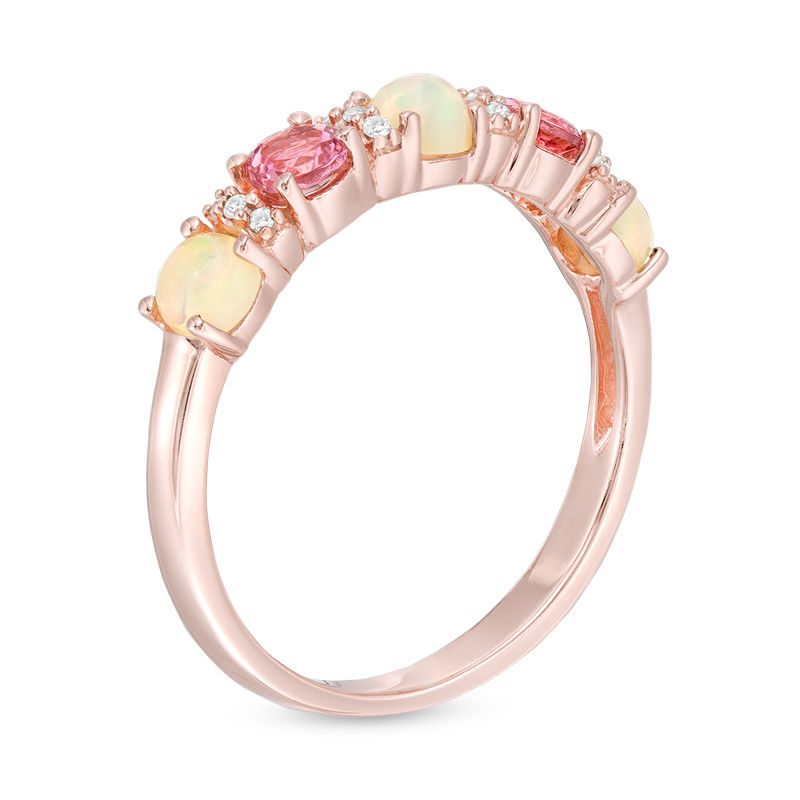 Main Image 3 of 3.5mm Opal, Pink Tourmaline and Diamond Accent Alternating Five Stone Ring in 10K Rose Gold