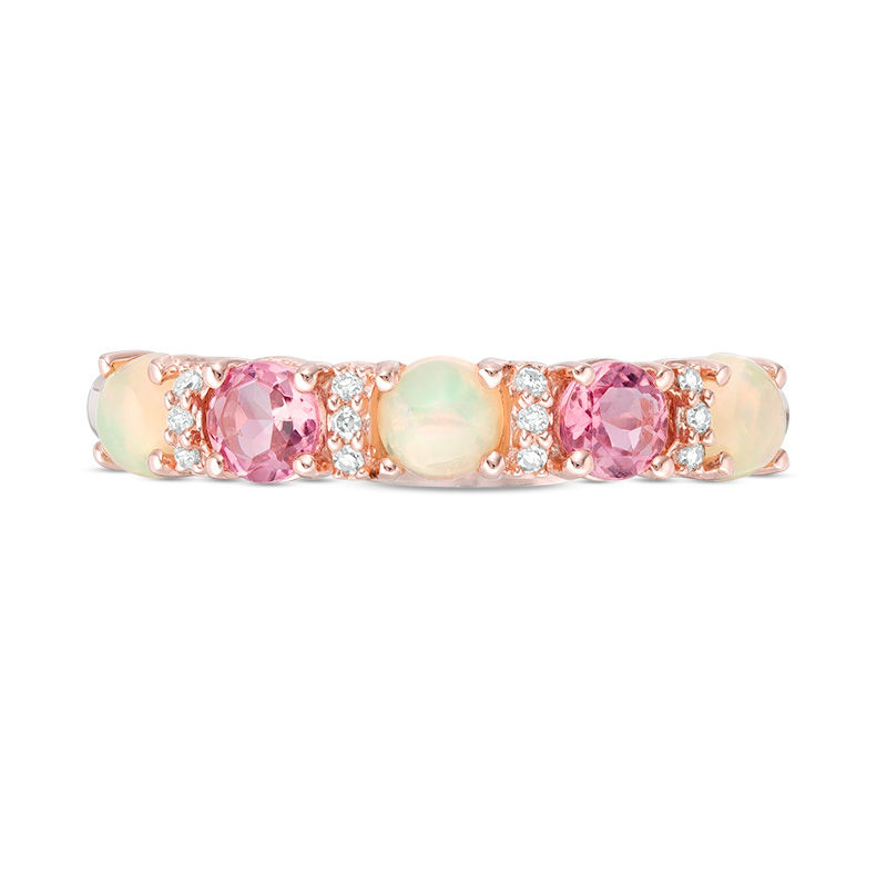 Main Image 4 of 3.5mm Opal, Pink Tourmaline and Diamond Accent Alternating Five Stone Ring in 10K Rose Gold