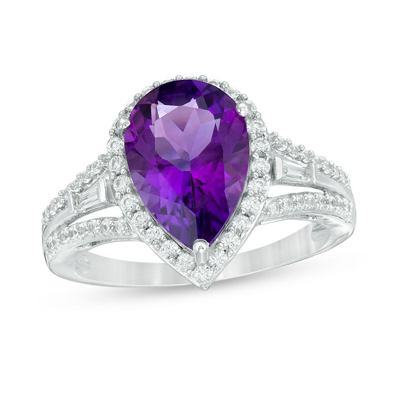 Pear-Shaped Amethyst and Lab-Created White Sapphire Frame Triple Row Split Shank Ring in Sterling Silver