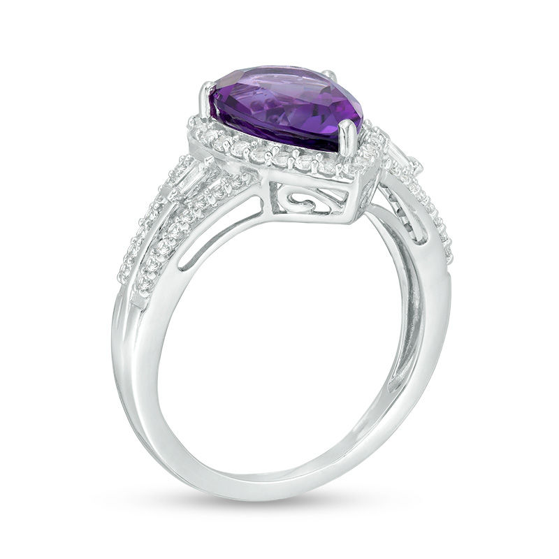 Main Image 3 of Pear-Shaped Amethyst and Lab-Created White Sapphire Frame Triple Row Split Shank Ring in Sterling Silver