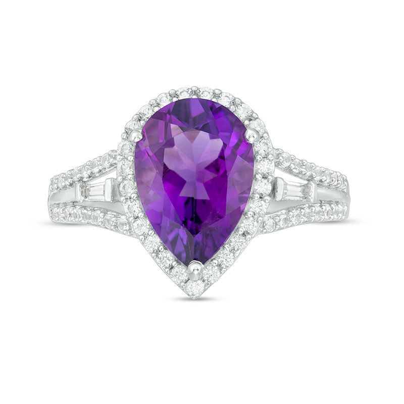 Main Image 4 of Pear-Shaped Amethyst and Lab-Created White Sapphire Frame Triple Row Split Shank Ring in Sterling Silver