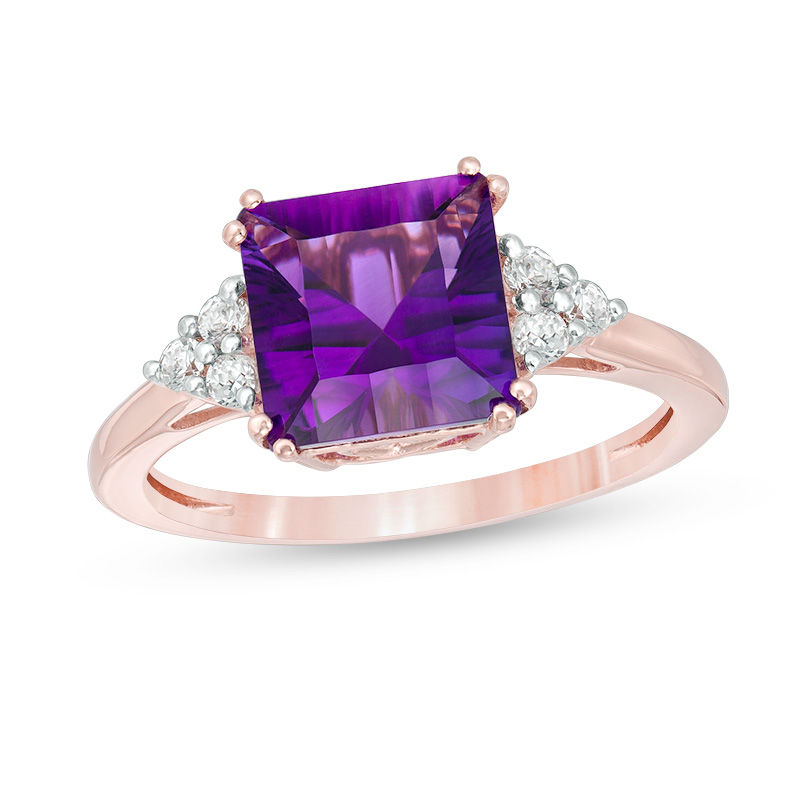Main Image 1 of 8.0mm Asscher-Cut Amethyst and Lab-Created White Sapphire Tri-Sides Ring in 10K Rose Gold