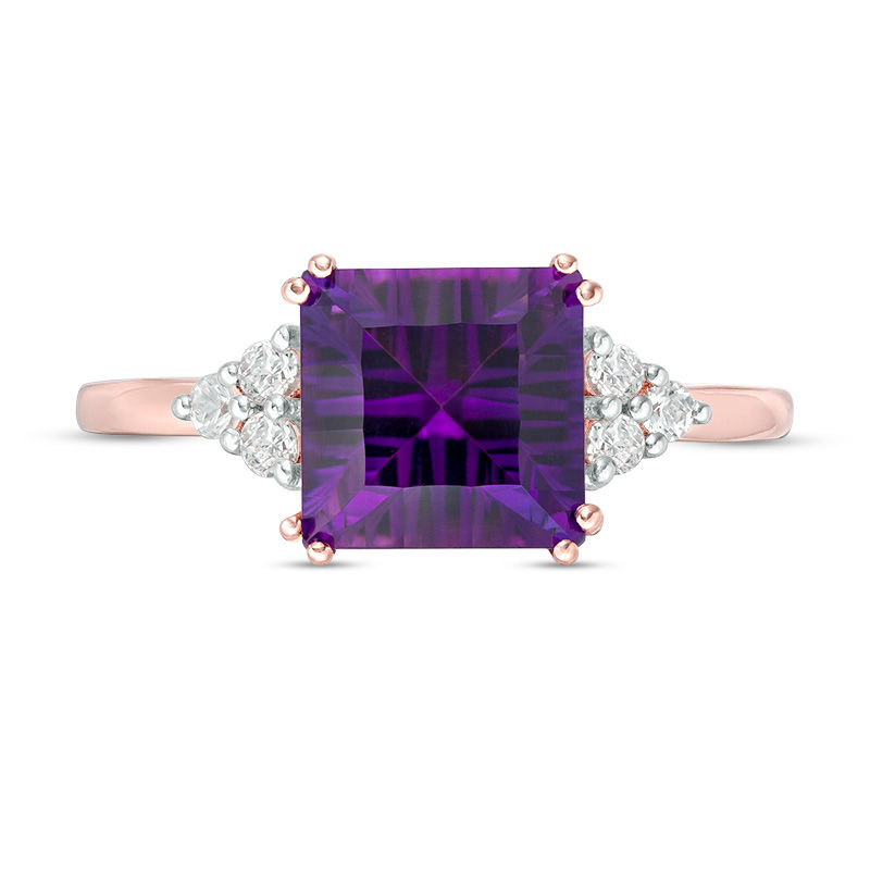 Main Image 4 of 8.0mm Asscher-Cut Amethyst and Lab-Created White Sapphire Tri-Sides Ring in 10K Rose Gold