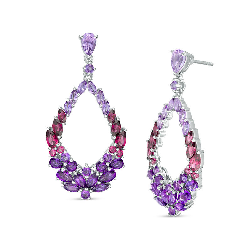 Main Image 1 of Multi-Gemstone Floral Cluster Open Marquise Drop Earrings in Sterling Silver
