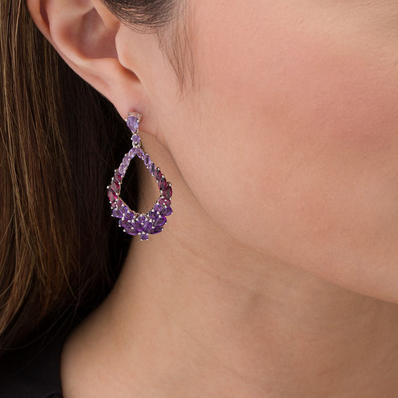 Multi-Gemstone Floral Cluster Open Marquise Drop Earrings in Sterling Silver