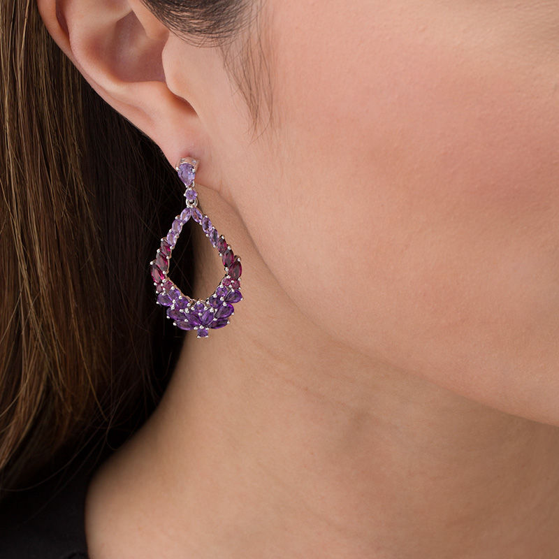 Main Image 2 of Multi-Gemstone Floral Cluster Open Marquise Drop Earrings in Sterling Silver