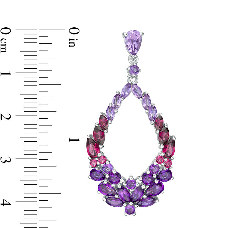 Main Image 3 of Multi-Gemstone Floral Cluster Open Marquise Drop Earrings in Sterling Silver