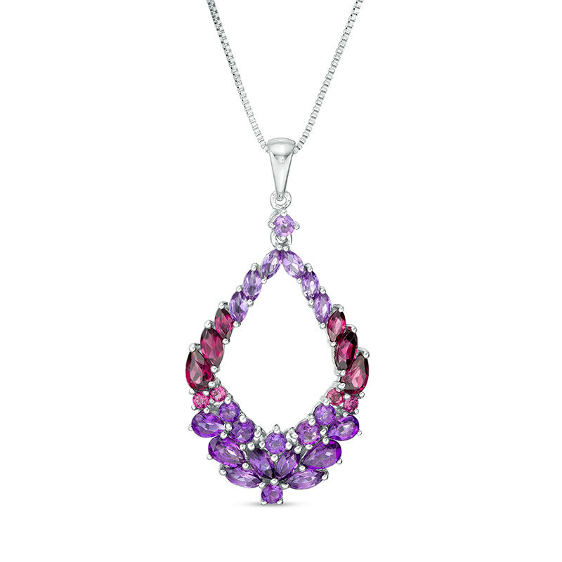 Main Image 1 of Multi-Gemstone Floral Cluster Open Marquise Drop Pendant in Sterling Silver