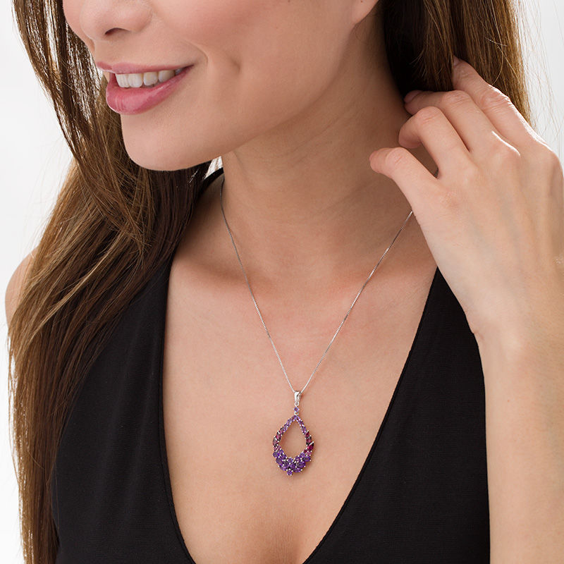 Main Image 2 of Multi-Gemstone Floral Cluster Open Marquise Drop Pendant in Sterling Silver