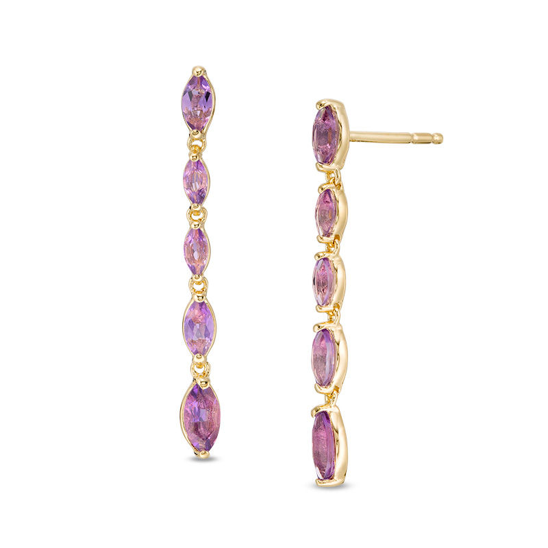 Main Image 1 of Marquise Amethyst Graduated Linear Drop Earrings in Sterling Silver with 14K Gold Plate