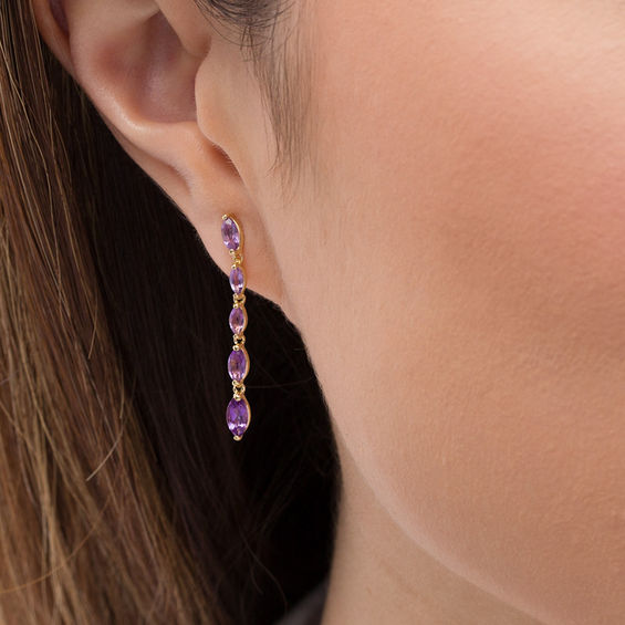 Marquise Amethyst Graduated Linear Drop Earrings in Sterling Silver with 14K Gold Plate