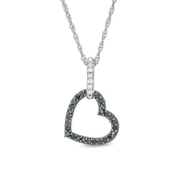 1/6 CT. T.w. Enhanced Black and White Diamond Tilted Heart Outline Pendant in Sterling Silver