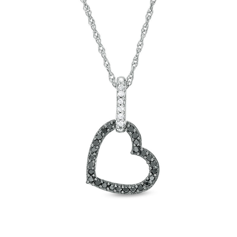 Main Image 1 of 1/6 CT. T.W. Enhanced Black and White Diamond Tilted Heart Outline Pendant in Sterling Silver