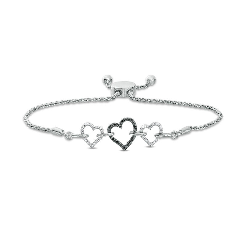 Main Image 1 of 1/6 CT. T.W. Enhanced Black and White Diamond Triple Heart Bolo Bracelet in Sterling Silver - 9.5"