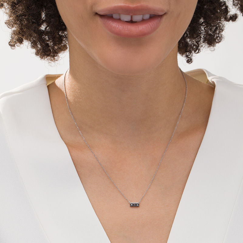 Main Image 2 of 1/4 CT. T.W. Enhanced Black and White Diamond Three Stone Bar Necklace in Sterling Silver