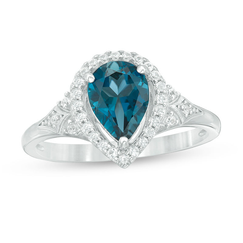Main Image 1 of Pear-Shaped London Blue Topaz and Lab-Created White Sapphire Frame Chevron Side Accent Ring in Sterling Silver