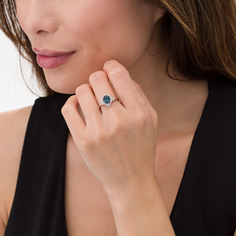 Pear-Shaped London Blue Topaz and Lab-Created White Sapphire Frame Chevron Side Accent Ring in Sterling Silver