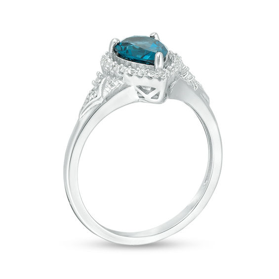 Pear-Shaped London Blue Topaz and Lab-Created White Sapphire Frame Chevron Side Accent Ring in Sterling Silver