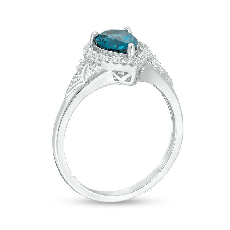 Main Image 3 of Pear-Shaped London Blue Topaz and Lab-Created White Sapphire Frame Chevron Side Accent Ring in Sterling Silver