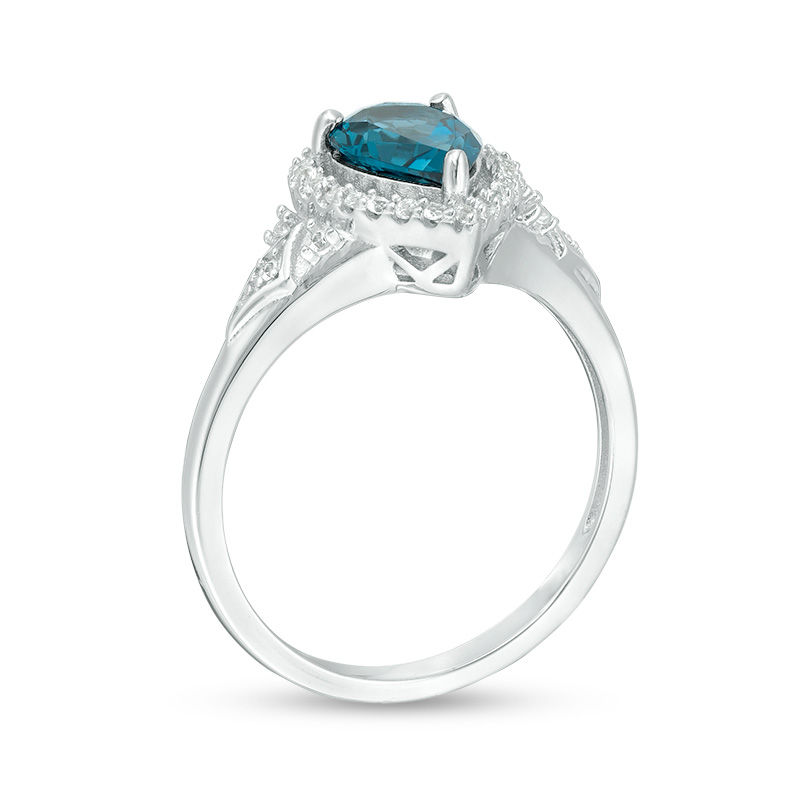 Pear-Shaped London Blue Topaz and Lab-Created White Sapphire Frame Chevron Side Accent Ring in Sterling Silver