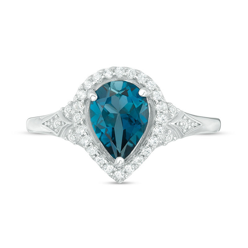 Main Image 4 of Pear-Shaped London Blue Topaz and Lab-Created White Sapphire Frame Chevron Side Accent Ring in Sterling Silver