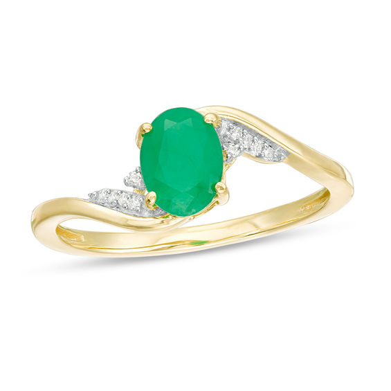 Oval Emerald and Diamond Accent Flame Bypass Ring in 10K Gold