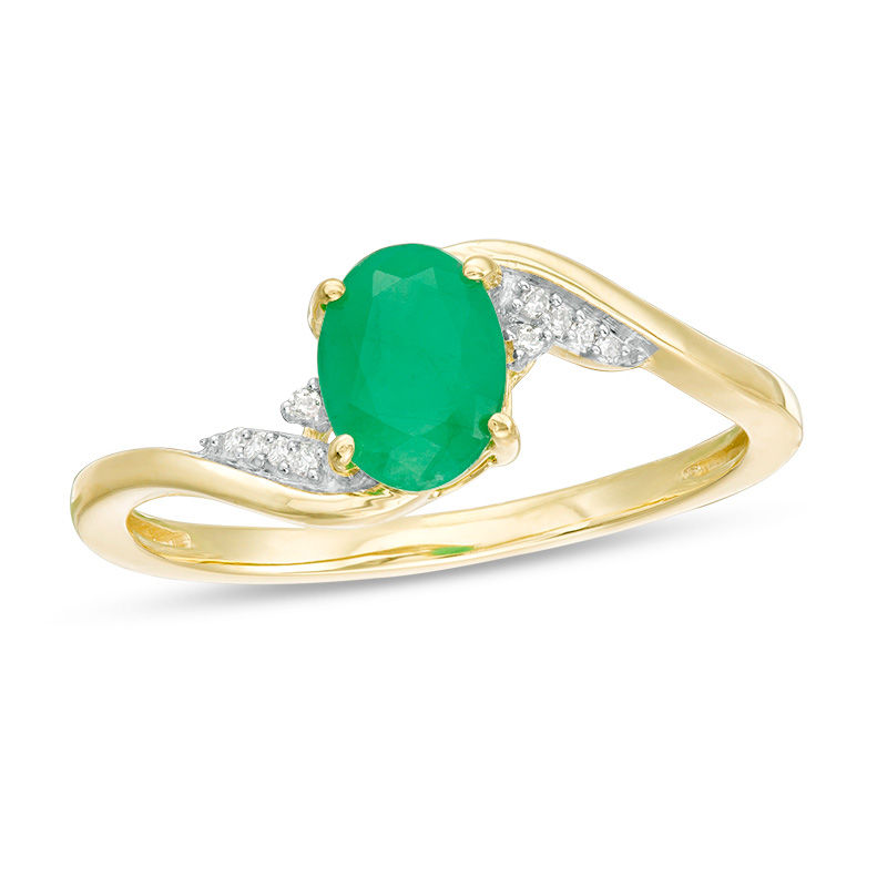 Main Image 1 of Oval Emerald and Diamond Accent Flame Bypass Ring in 10K Gold