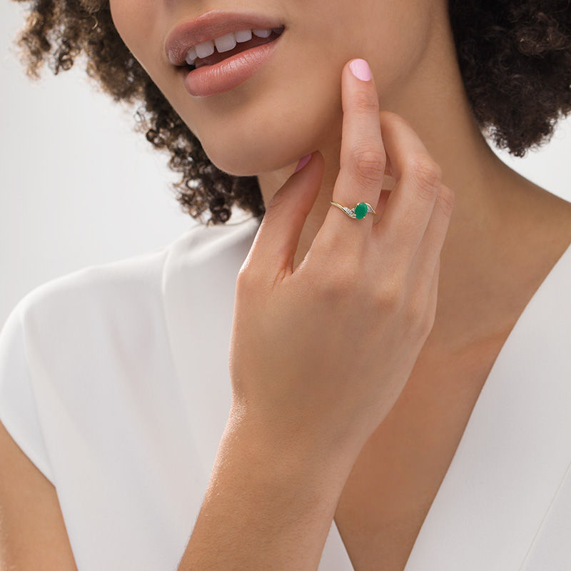 Main Image 2 of Oval Emerald and Diamond Accent Flame Bypass Ring in 10K Gold