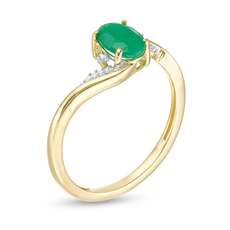 Main Image 3 of Oval Emerald and Diamond Accent Flame Bypass Ring in 10K Gold
