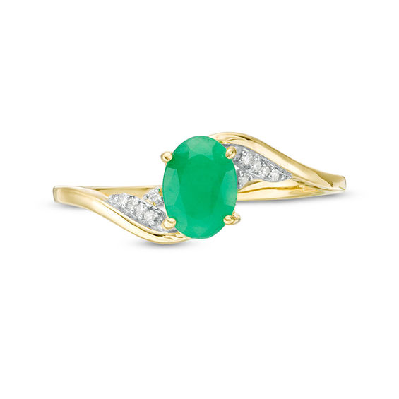 Oval Emerald and Diamond Accent Flame Bypass Ring in 10K Gold