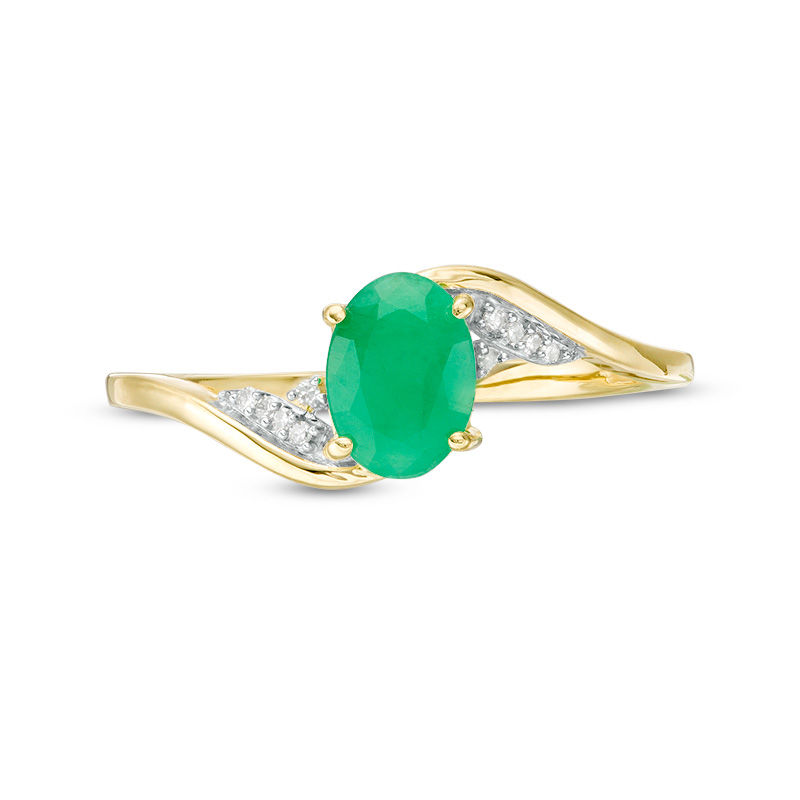 Main Image 4 of Oval Emerald and Diamond Accent Flame Bypass Ring in 10K Gold