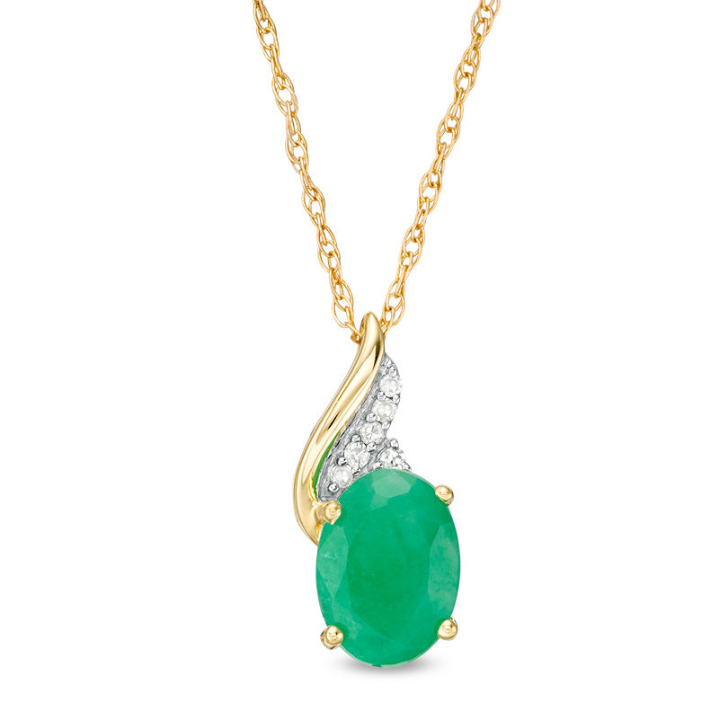 Main Image 1 of Oval Emerald and Diamond Accent Flame Pendant in 10K Gold
