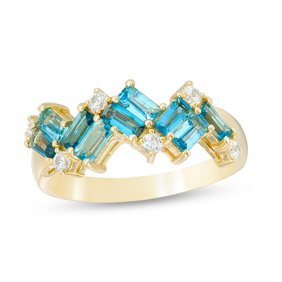 Baguette London Blue and White Topaz Zig-Zag Ring in Sterling Silver with 14K Gold Plate