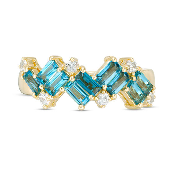 Baguette London Blue and White Topaz Zig-Zag Ring in Sterling Silver with 14K Gold Plate