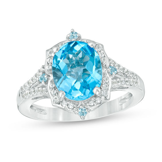 Oval Swiss Blue Topaz and Lab-Created White Sapphire Flower Petal Frame Split Shank Ring in Sterling Silver