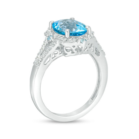 Oval Swiss Blue Topaz and Lab-Created White Sapphire Flower Petal Frame Split Shank Ring in Sterling Silver
