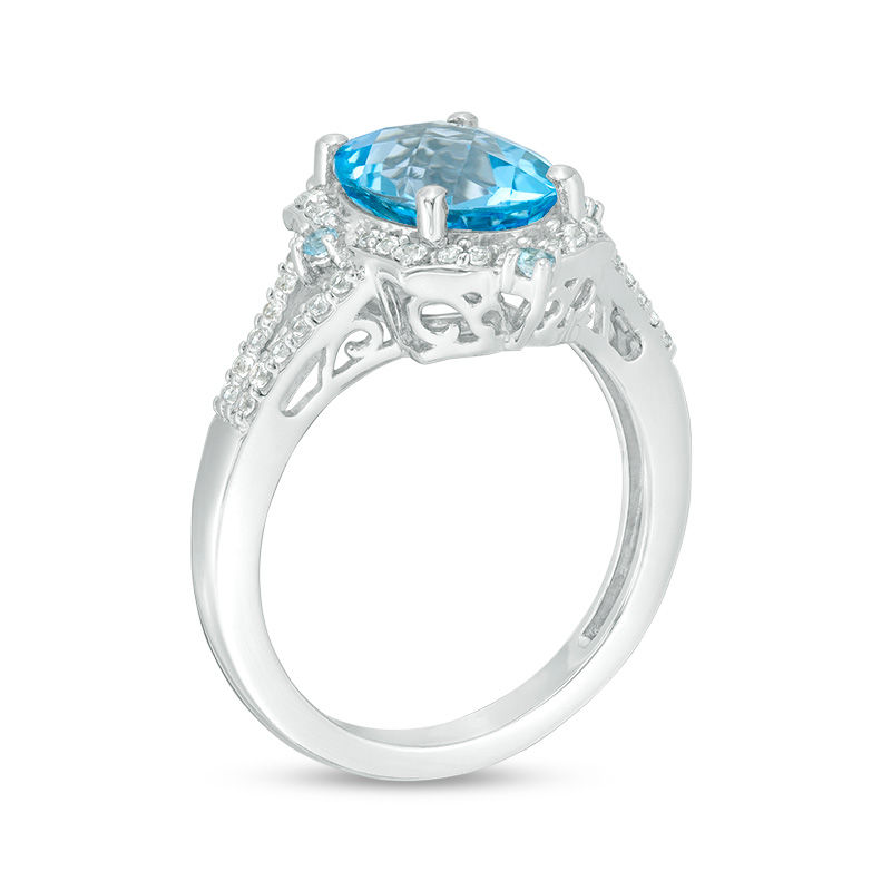 Main Image 3 of Oval Swiss Blue Topaz and Lab-Created White Sapphire Flower Petal Frame Split Shank Ring in Sterling Silver