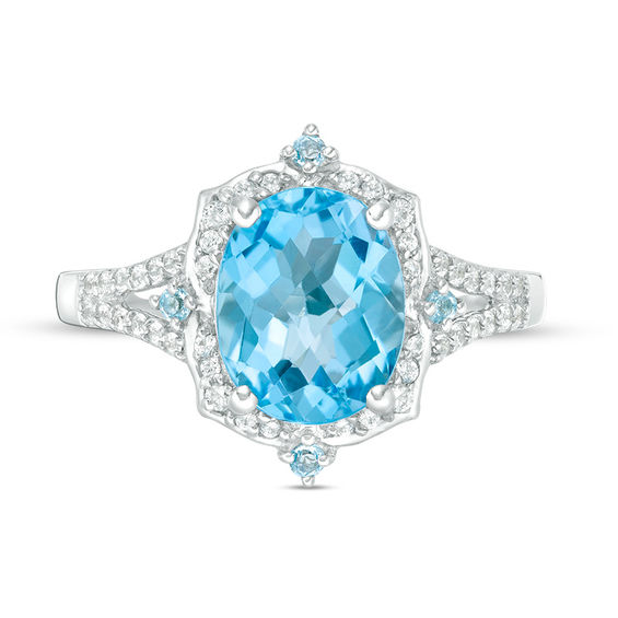 Oval Swiss Blue Topaz and Lab-Created White Sapphire Flower Petal Frame Split Shank Ring in Sterling Silver