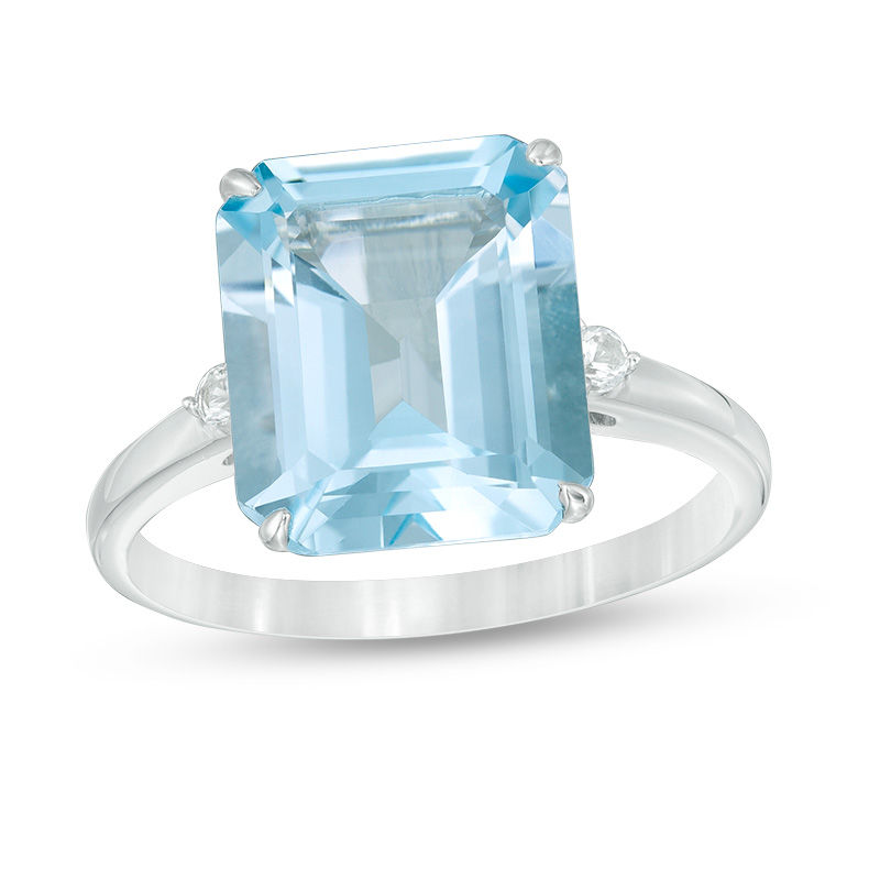 Emerald-Cut Sky Blue Topaz and Lab-Created White Sapphire Side Accent Ring in Sterling Silver