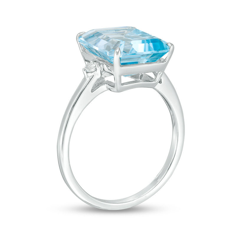 Emerald-Cut Sky Blue Topaz and Lab-Created White Sapphire Side Accent Ring in Sterling Silver