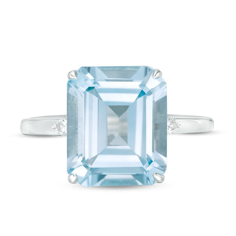 Emerald-Cut Sky Blue Topaz and Lab-Created White Sapphire Side Accent Ring in Sterling Silver