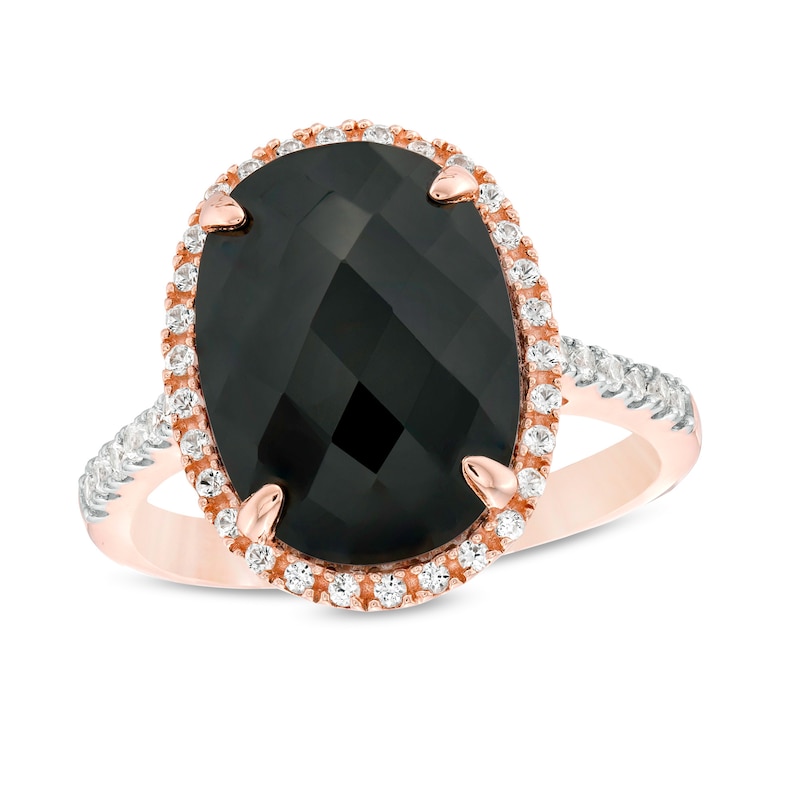Main Image 1 of Oval Onyx and Lab-Created White Sapphire Frame Ring in Sterling Silver with 14K Rose Gold Plate