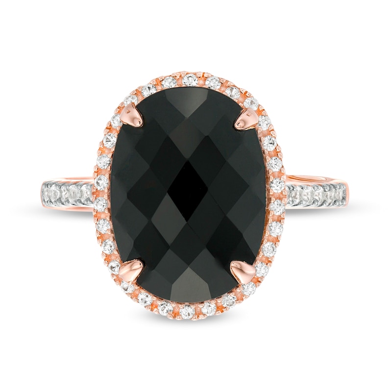 Main Image 4 of Oval Onyx and Lab-Created White Sapphire Frame Ring in Sterling Silver with 14K Rose Gold Plate